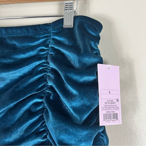 NWT Wild Fable Mini Skirt Womens L Teal Blue Velvet Ruched Ruffle Y2K Going Out - Picture 3 of 6
